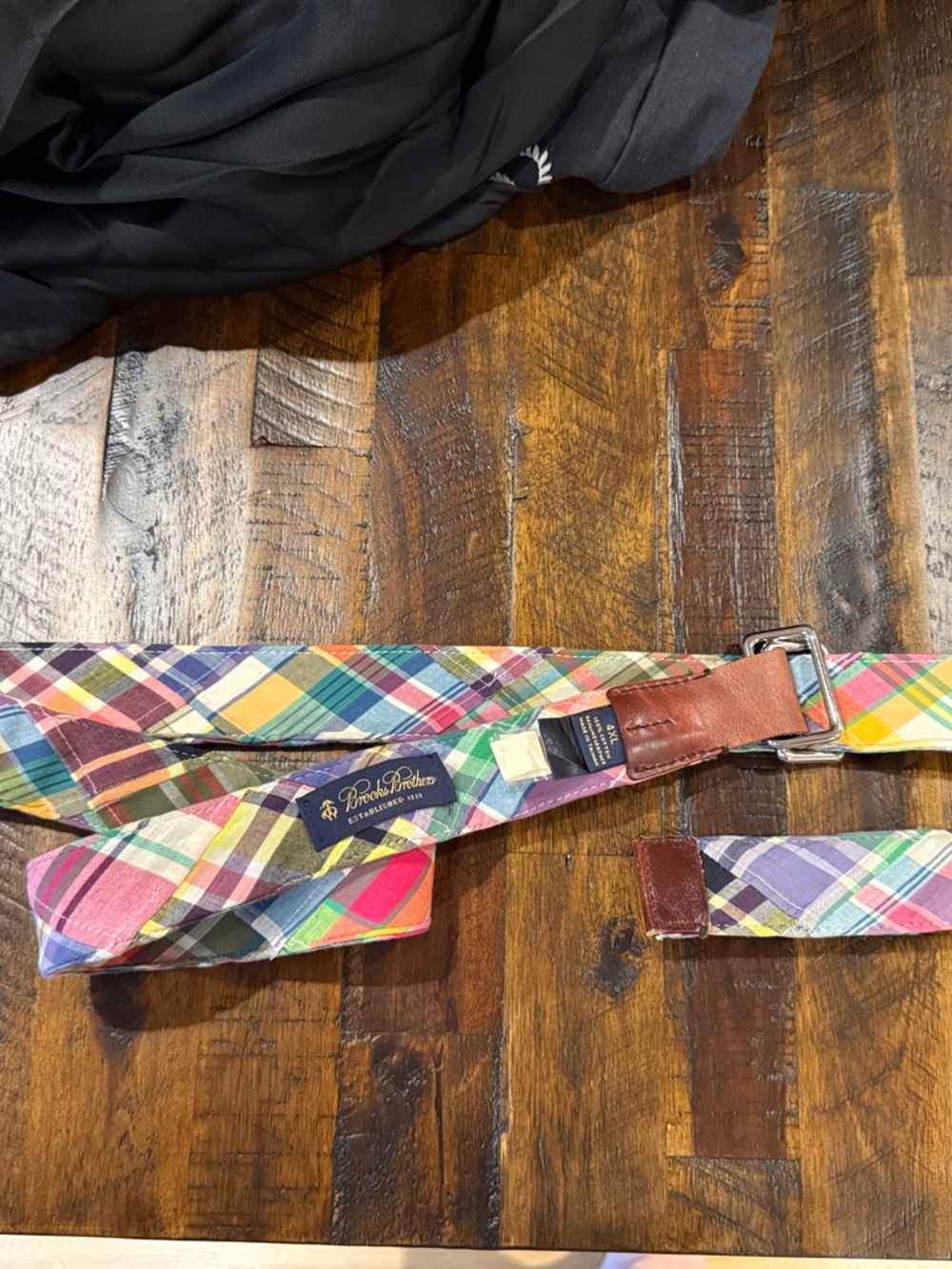 Brooks Brothers Multicolor Plaid Fabric Belt with Brown Leather Accents
